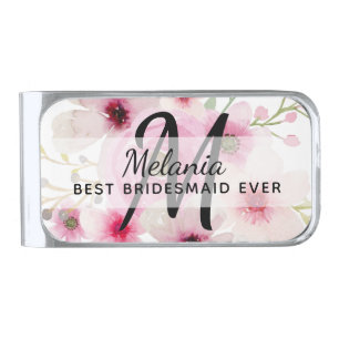 Create Own PINK BLUSH FLORAL BOHO BridalParty Gift Silver Finish Money Clip