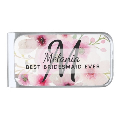 Create Own PINK BLUSH FLORAL BOHO BridalParty Gift Silver Finish Money Clip