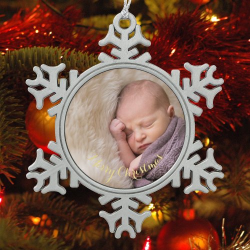 Create Personalized Photo Gold Text Babys First Snowflake Pewter Christmas Ornament