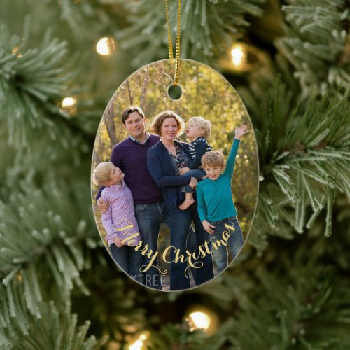 Create Personalized Photo Gold Text Oval Christmas Ceramic Ornament