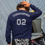 Create Player Name Jersey Number Mens Long Sleeve T-Shirt<br><div class="desc">Create your own custom, personalized, cool stylish white typography / font / script, monogrammed player name jersey number dark blue, comfortable, casual, durable, loose fitting, preshrunk 100% cotton, mens basic crewneck heavyweight long-sleeve t-shirt. Simply type in your name / player name and player jersey number, to customize. Makes a great...</div>