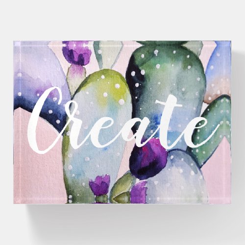 Create Watercolor Cactus  Purple Blossoms Paperweight
