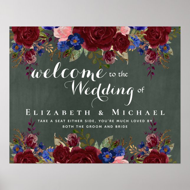 Create Wedding Welcome Sign Burgundy Blue Floral (Front)