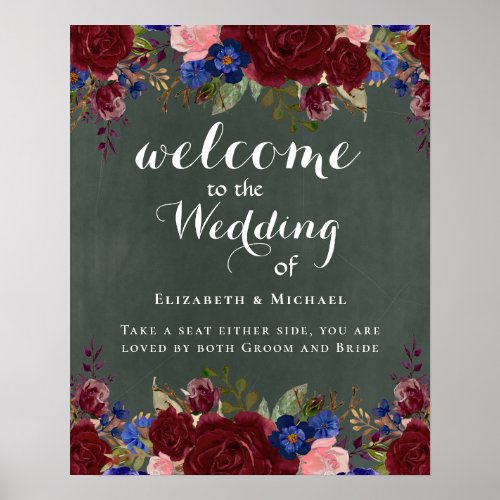 Create Wedding Welcome Sign Burgundy Blue Floral