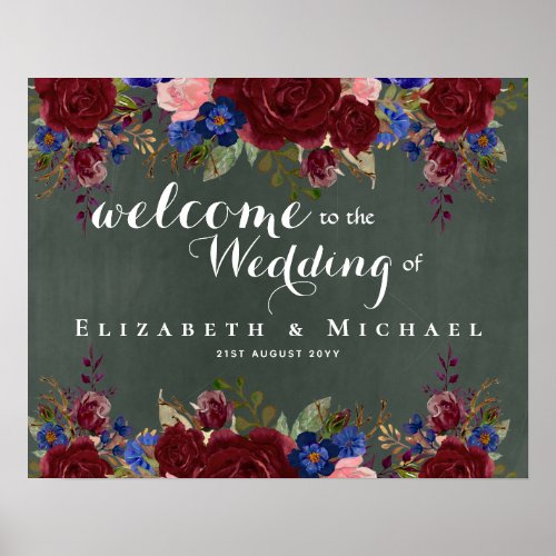 Create Wedding Welcome Sign Burgundy Blue Floral