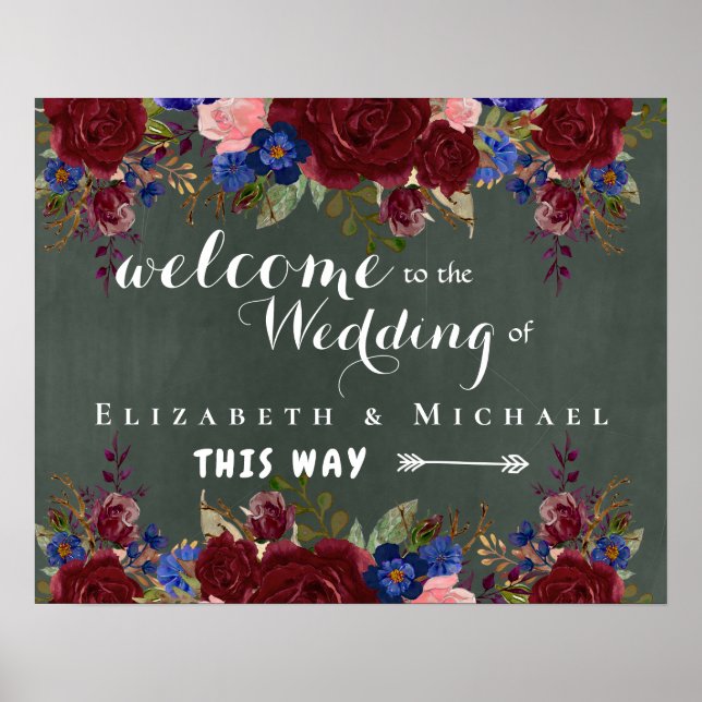Create Wedding Welcome Sign Burgundy Blue Floral (Front)