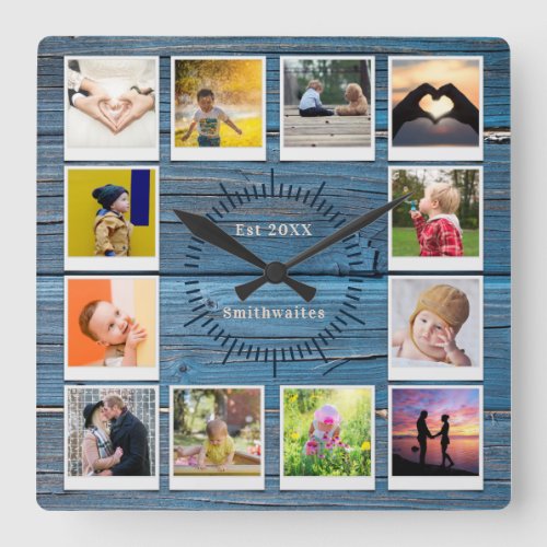 Create You own Photo Collage Rustic Blue Farmhouse Square Wall Clock