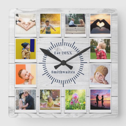 Create You own Photo Collage Rustic Farmhouse Gray Square Wall Clock