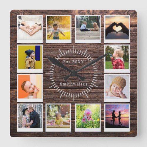 Create You own Photo Collage Rustic Wood Farmhouse Square Wall Clock