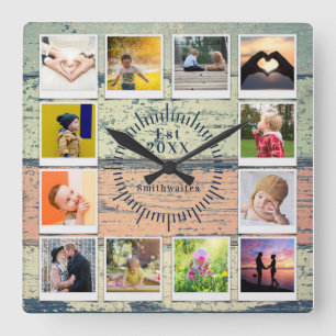 Create You own Photo Collage Rustic Wood Farmhouse Square Wall Clock