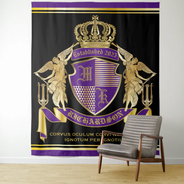 Create Your Coat of Arms Purple Gold Angel Emblem Tapestry | Zazzle