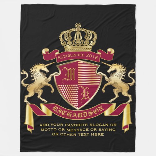 Create Your Coat of Arms Red Gold Unicorn Emblem Fleece Blanket