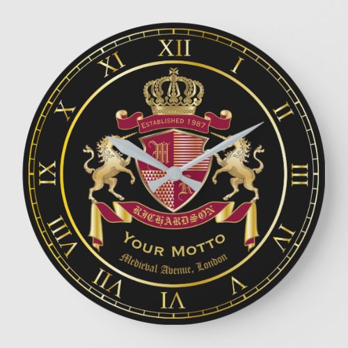 Create Your Coat of Arms Red Gold Unicorn Emblem Large Clock