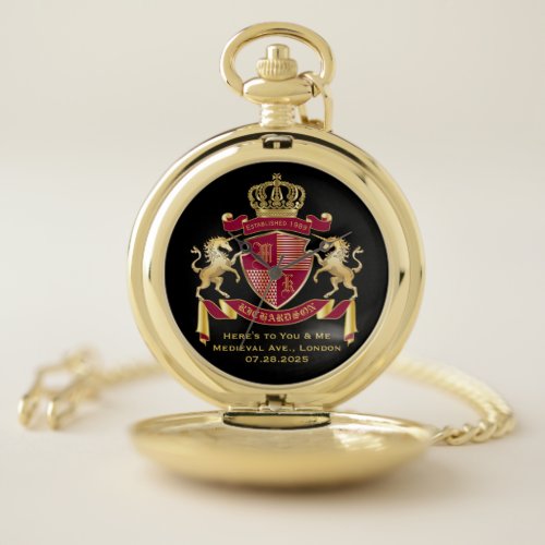 Create Your Coat of Arms Red Gold Unicorn Emblem Pocket Watch