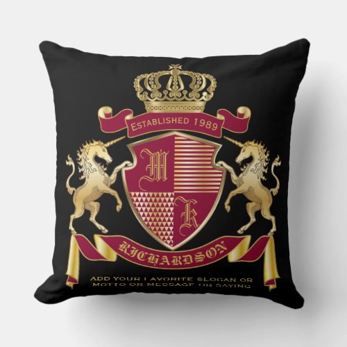 Create Your Coat of Arms Red Gold Unicorn Emblem Throw Pillow