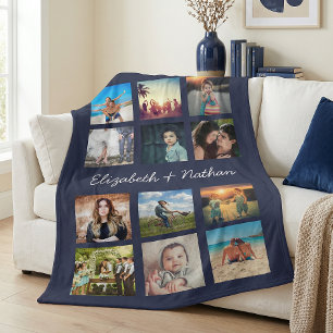 Create Your Custom 12 Photo Collage Family Navy Fleece Blanket