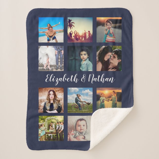 Create Your Custom 12 Photo Collage Family Navy Sherpa Blanket (Front)