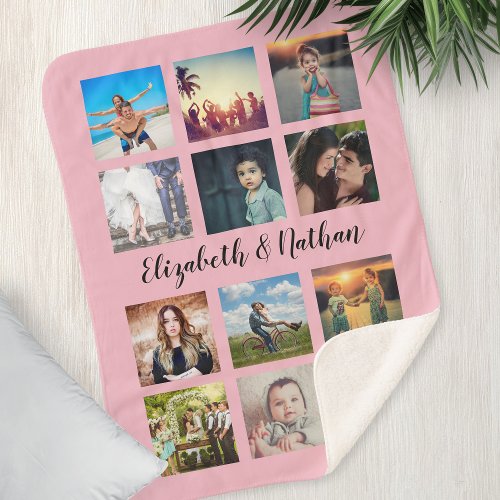 Create Your Custom 12 Photo Collage Family Pink Sherpa Blanket