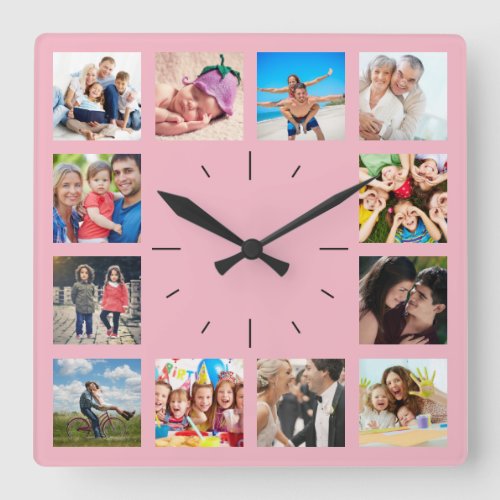 Create Your Custom 12 Photo Collage Family Pink Square Wall Clock