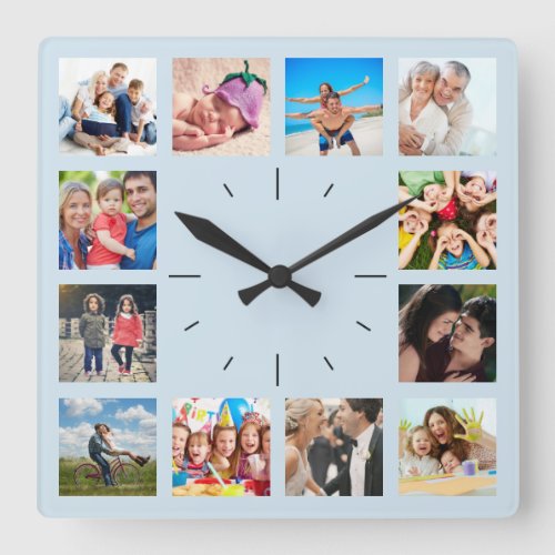 Create Your Custom 12 Photo Collage Memories Blue Square Wall Clock