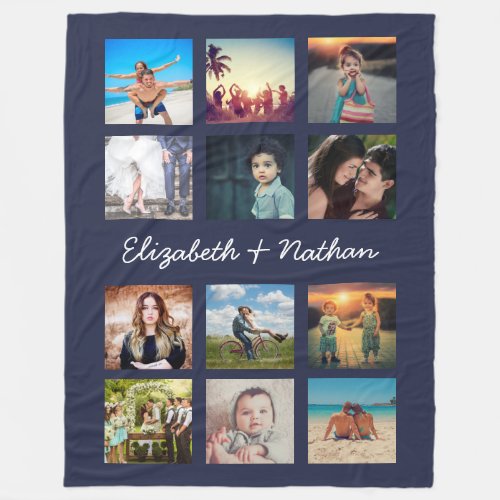 Create Your Custom 12 Photo Collage Memories Navy Fleece Blanket