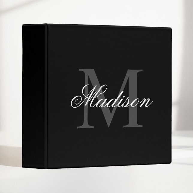 Create Your Custom Name Monogram Calligraphy Black 3 Ring Binder (Creator Uploaded)