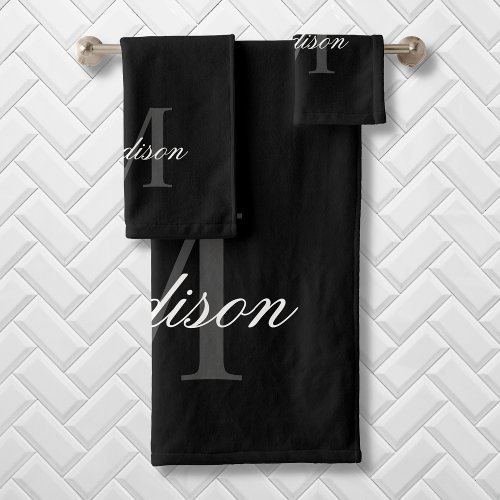 Create Your Custom Name Monogram Calligraphy Black Bath Towel Set