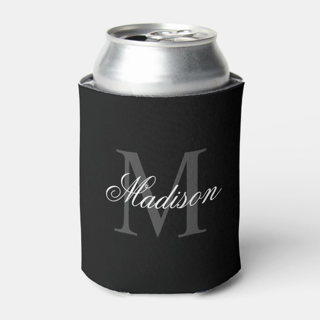 Create Your Custom Name Monogram Calligraphy Black Can Cooler (Can Front)
