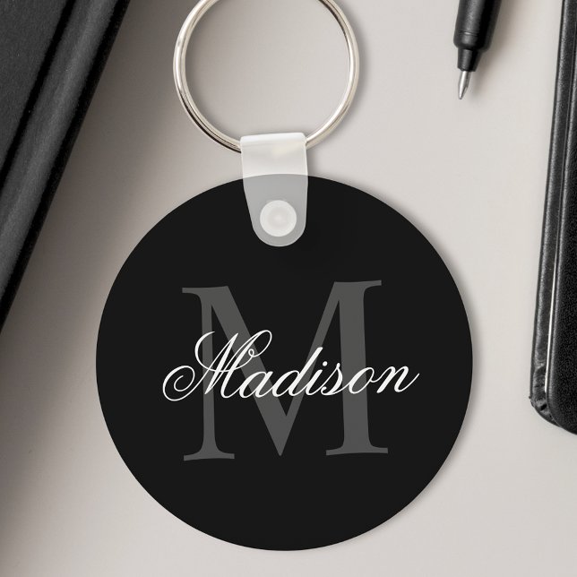 Create Your Custom Name Monogram Calligraphy Black Keychain (Creator Uploaded)