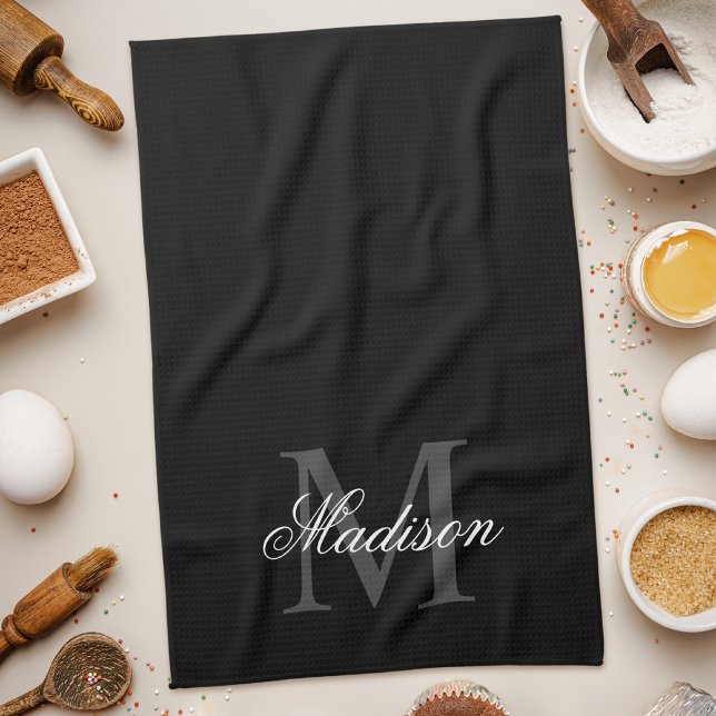 Create Your Custom Name Monogram Calligraphy Black Kitchen Towel (Creator Uploaded)