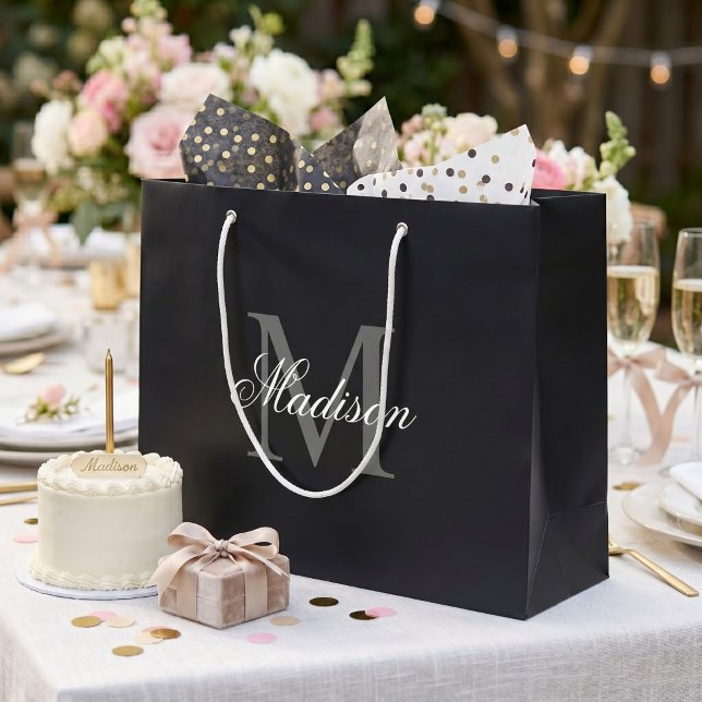 Create Your Custom Name Monogram Calligraphy Black Large Gift Bag (Creator Uploaded)