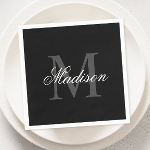 Create Your Custom Name Monogram Calligraphy Black Napkins