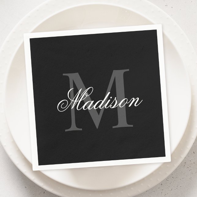 Create Your Custom Name Monogram Calligraphy Black Napkins (Creator Uploaded)