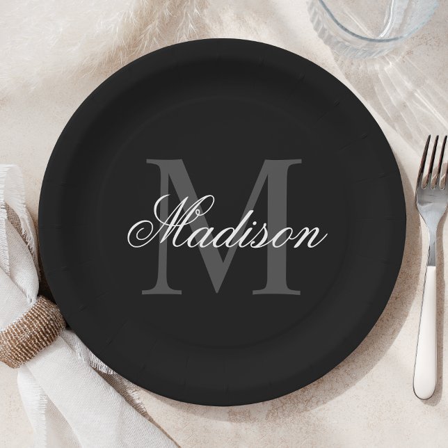 Create Your Custom Name Monogram Calligraphy Black Paper Plates (Creator Uploaded)