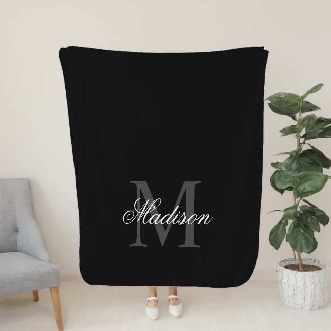 Create Your Custom Name Monogram Calligraphy Black Sherpa Blanket (Creator Uploaded)