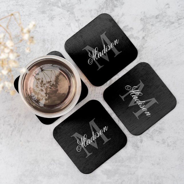 Create Your Custom Name Monogram Calligraphy Black Square Paper Coaster (Creator Uploaded)