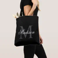 Classic Red Burgundy Black Monogram Script Name Tote Bag