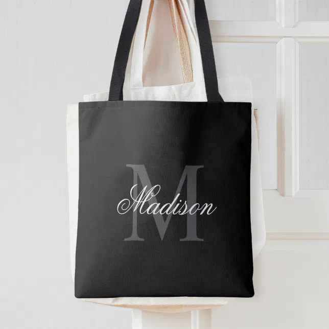 Create Your Custom Name Monogram Calligraphy Black Tote Bag | Zazzle