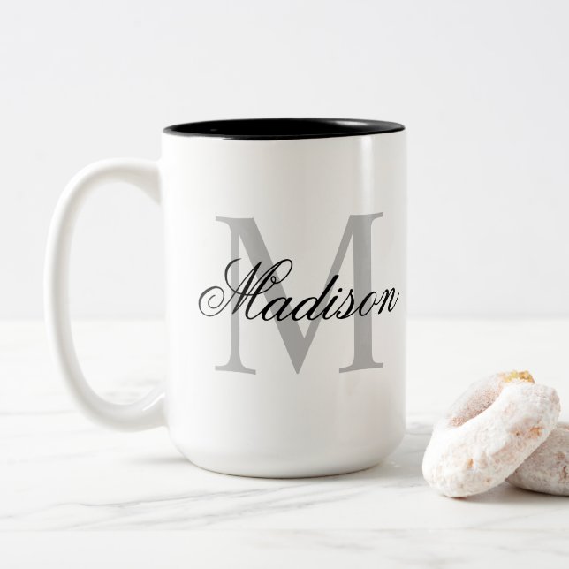 Create Your Custom Name Monogram Calligraphy Black Two-Tone Coffee Mug (With Donut)