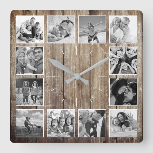 Create Your Custom Photo Collage Rustic Farmhouse Square Wall Clock