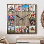Create Your Custom Photo Collage Rustic Farmhouse Square Wall Clock<br><div class="desc">Create your own personalized 12 photo collage wall clock with your custom images on a rustic farmhouse style wooden plank background. Add your favorite photos, designs or artworks to create something really unique. To edit this design template, simply upload your own image as shown above. You can easily add more...</div>