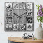 Create Your Custom Photo Collage Rustic Farmhouse Square Wall Clock<br><div class="desc">Create your own personalized 12 photo Instagram photo collage wall clock with your custom images on a rustic farmhouse style wooden plank background. Add your favorite photos, designs or artworks to create something really unique. To edit this design template, simply upload your own image as shown above. You can easily...</div>