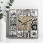 Create Your Custom Photo Collage Rustic Farmhouse Square Wall Clock<br><div class="desc">Create your own personalized 12 photo collage wall clock with your custom images on a rustic farmhouse style wooden plank background. Add your favorite photos, designs or artworks to create something really unique. To edit this design template, simply upload your own image as shown above. You can easily add more...</div>