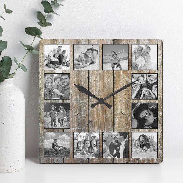 Create Your Custom Photo Collage Rustic Farmhouse Square Wall Clock (Creator Uploaded)