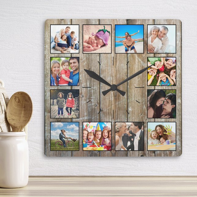 Create Your Custom Photo Collage Rustic Farmhouse Square Wall Clock (Creator Uploaded)