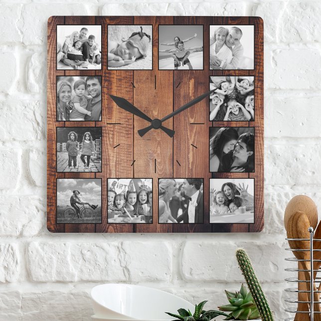 Create Your Custom Photo Collage Rustic Farmhouse Square Wall Clock (Creator Uploaded)