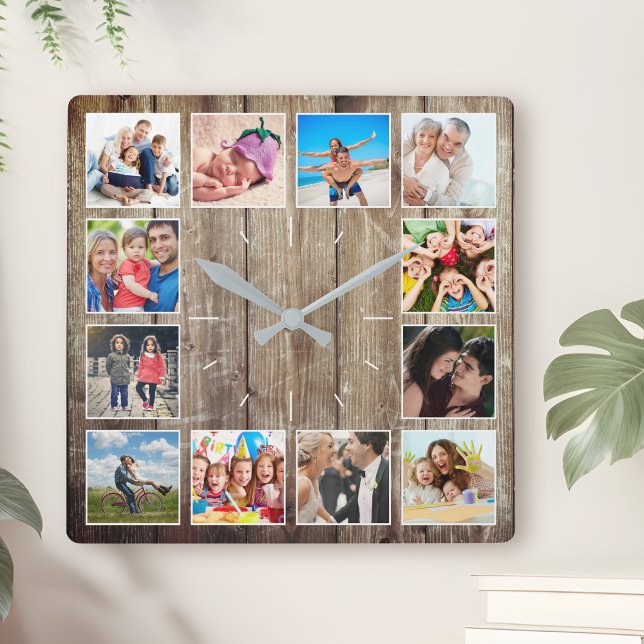 Create Your Custom Photo Collage Rustic Farmhouse Square Wall Clock (Creator Uploaded)