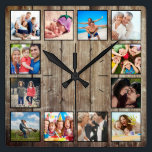 Create Your Custom Photo Collage Rustic Farmhouse Square Wall Clock<br><div class="desc">Create your own personalized 12 photo collage wall clock with your custom images on a rustic farmhouse style wooden plank background. Add your favorite photos, designs or artworks to create something really unique. To edit this design template, simply upload your own image as shown above. You can easily add more...</div>