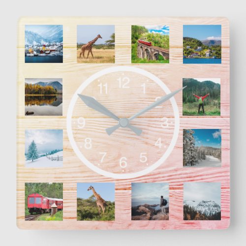 Create Your Custom Photo Collage Rustic Nature Squ Square Wall Clock