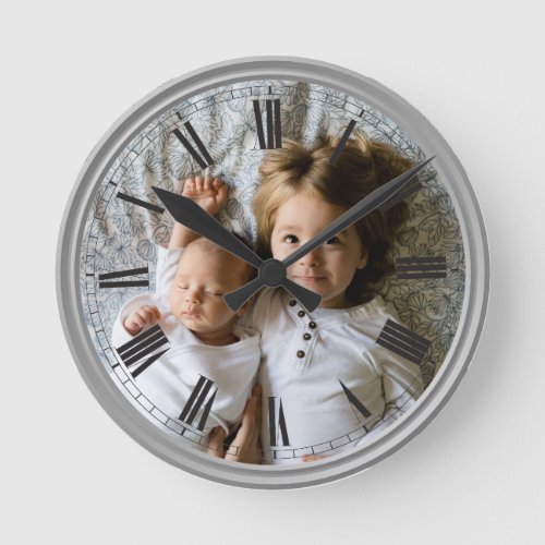 Create Your Custom Photo Gray Classy Elegant Round Clock